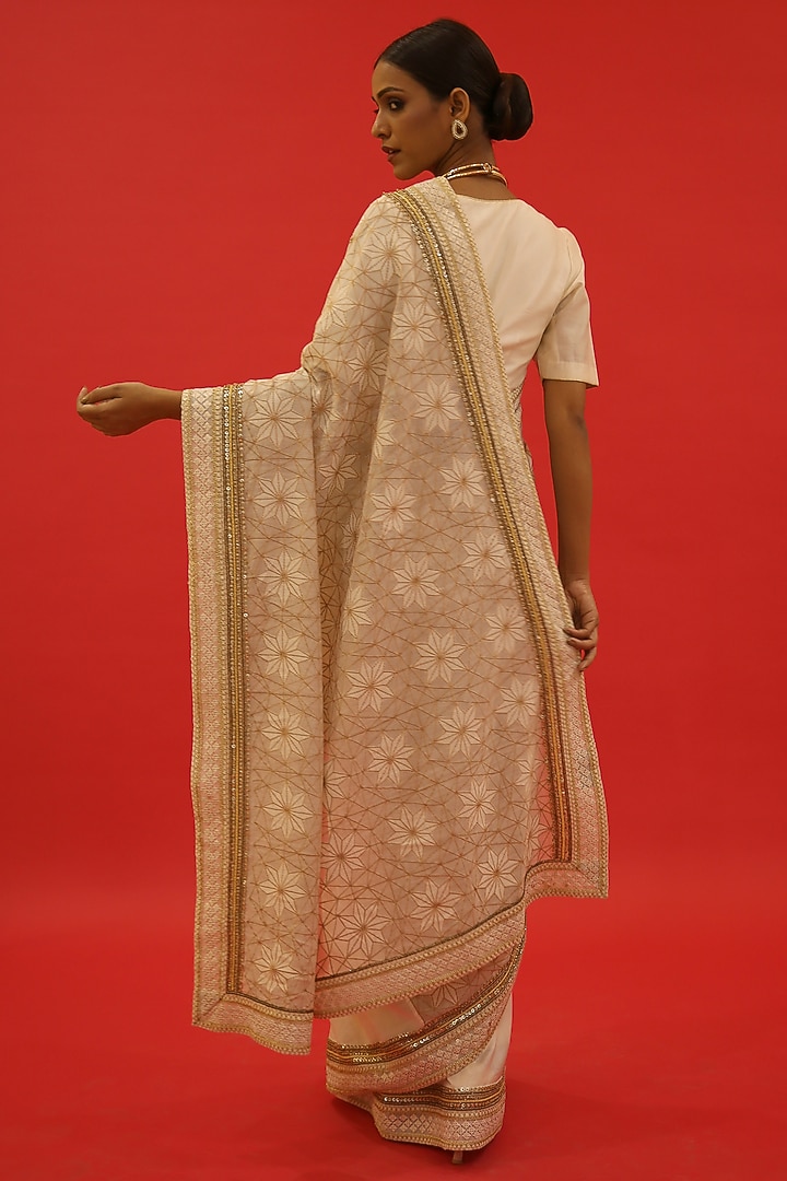 Ivory Banarasi Cotton Silk Resham Hand Embroidered Wedding Saree Set by Saksham and Neharicka at Pernia's Pop Up Shop
