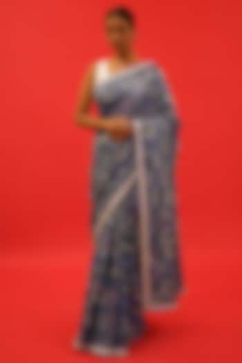 Blue Cotton Lurex Digital Printed Handcrafted Saree Set by Saksham and Neharicka