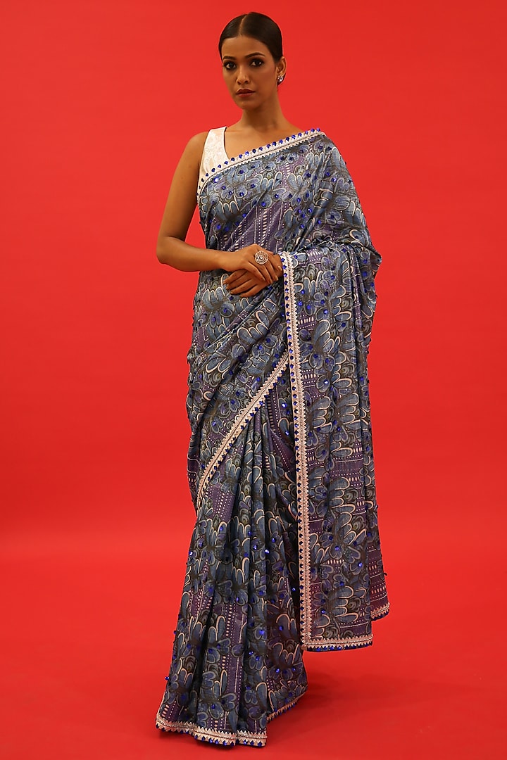 Blue Cotton Lurex Digital Printed Handcrafted Saree Set by Saksham and Neharicka