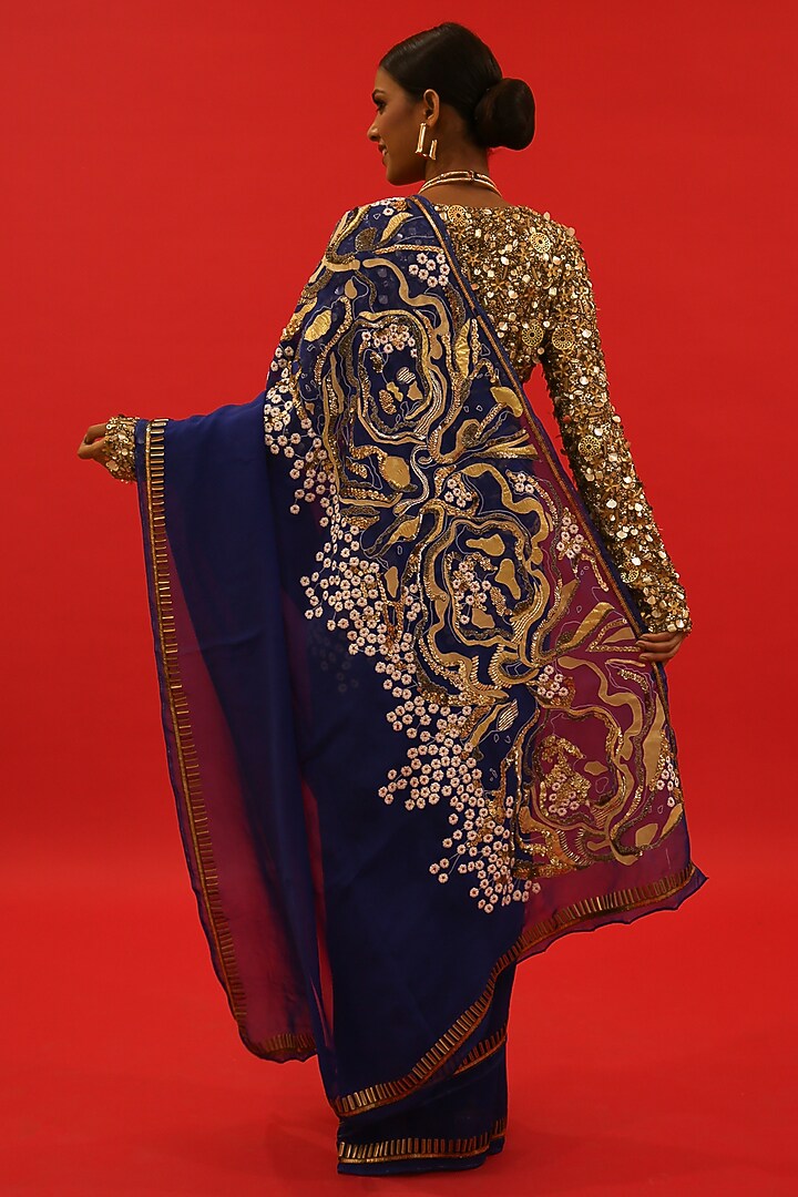 Blue Silk Organza Zardosi Hand Embroidered Reception Saree Set by Saksham and Neharicka at Pernia's Pop Up Shop