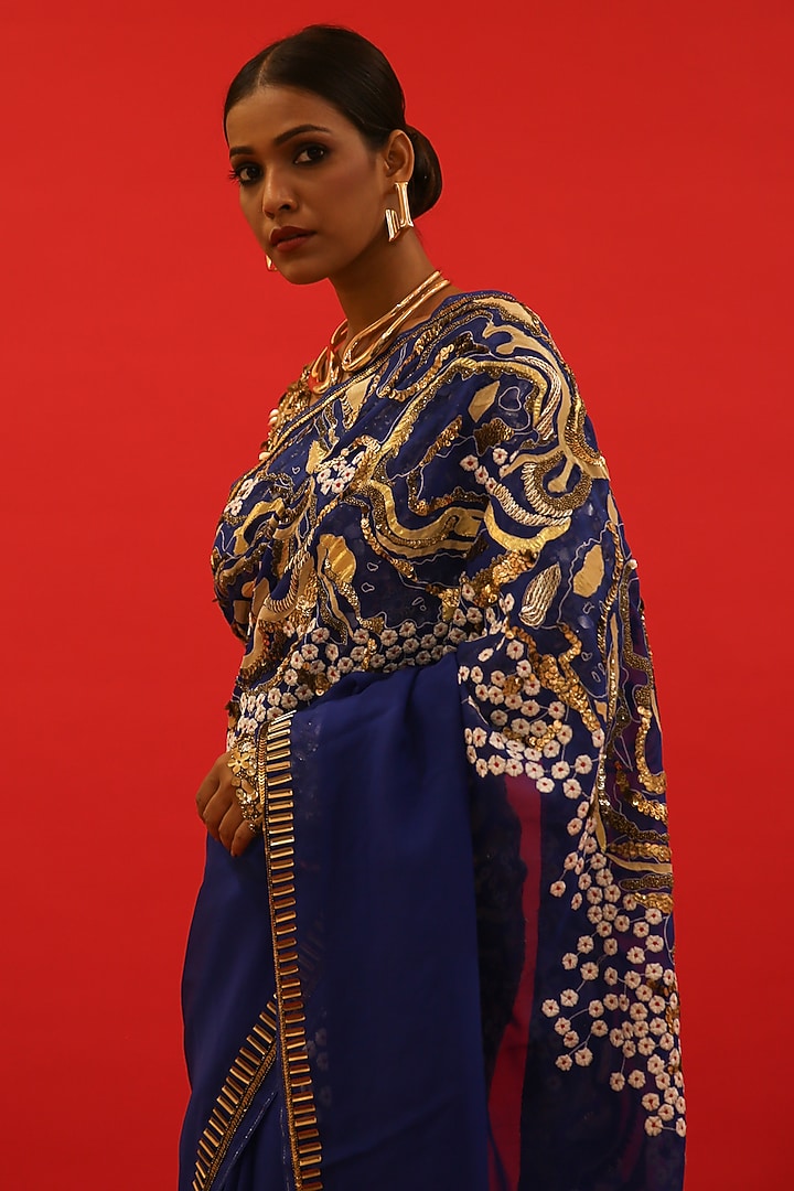Blue Silk Organza Zardosi Hand Embroidered Reception Saree Set by Saksham and Neharicka at Pernia's Pop Up Shop