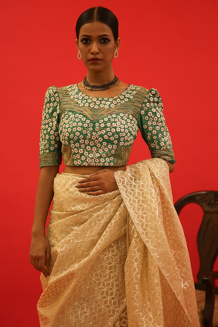 Green Chanderi Silk Resham Hand Embroidered Blouse by Saksham and Neharicka