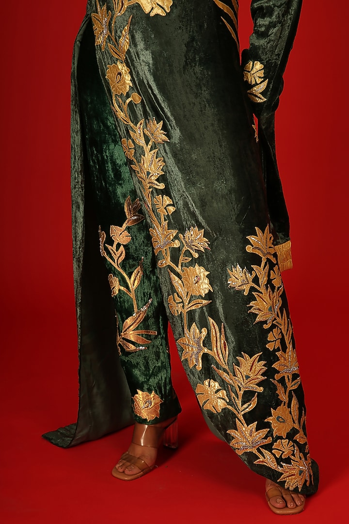Deep Green Silk Velvet Zardosi Hand Embroidered Co-Ord Set by Saksham and Neharicka at Pernia's Pop Up Shop