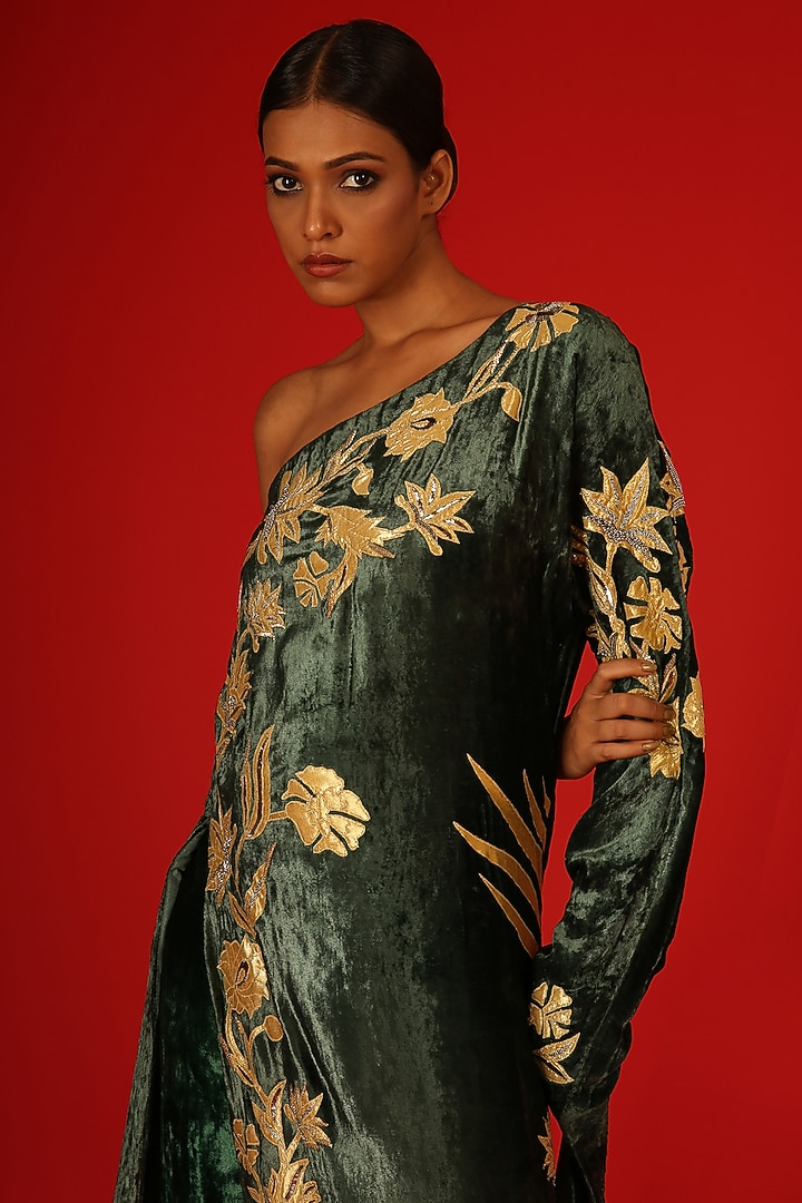 Deep Green Silk Velvet Zardosi Hand Embroidered Co-Ord Set by Saksham and Neharicka at Pernia's Pop Up Shop