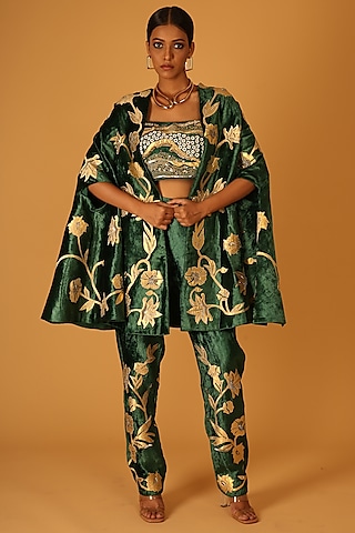 Deep Green Silk Velvet Zardosi Hand Embroidered Cape Set by Saksham and Neharicka