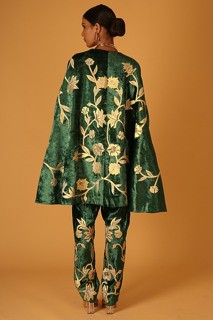 Deep Green Silk Velvet Zardosi Hand Embroidered Cape Set by Saksham and Neharicka at Pernia's Pop Up Shop
