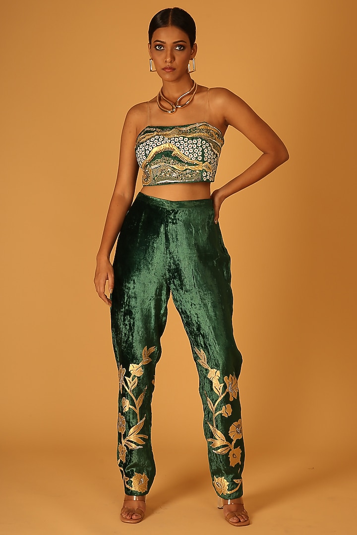Deep Green Silk Velvet Zardosi Hand Embroidered Cape Set by Saksham and Neharicka at Pernia's Pop Up Shop