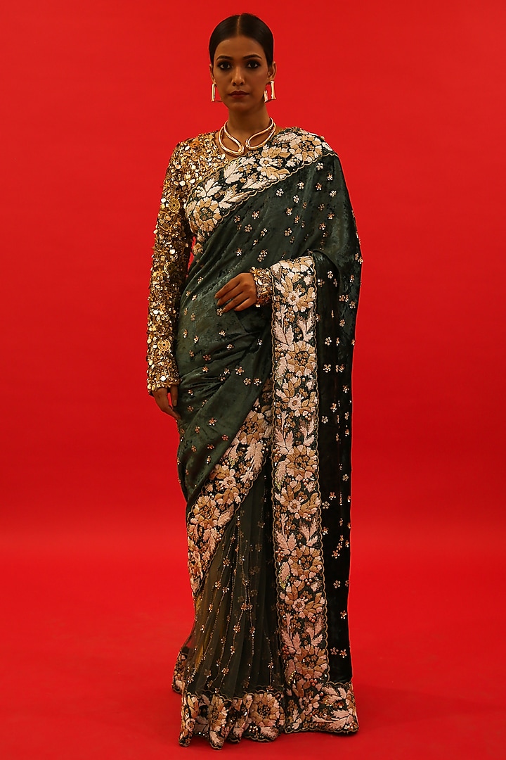 Green Silk Velvet Hand Embroidered Saree Set by Saksham and Neharicka at Pernia's Pop Up Shop