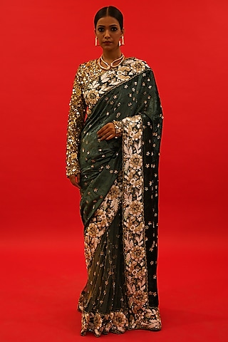 Green Silk Velvet Hand Embroidered Saree Set by Saksham and Neharicka