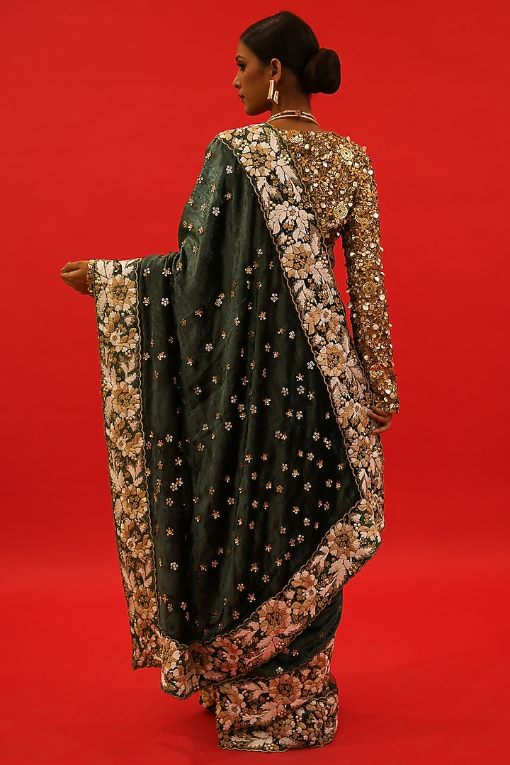 Green Silk Velvet Hand Embroidered Reception Saree Set by Saksham and Neharicka at Pernia's Pop Up Shop