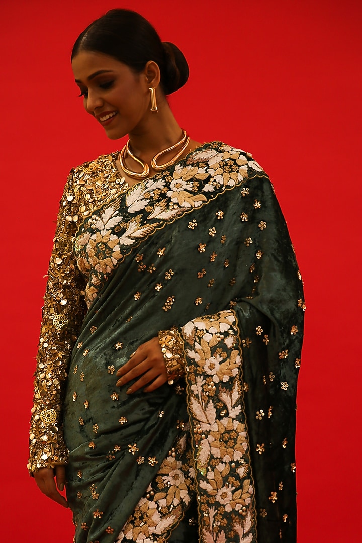 Green Silk Velvet Hand Embroidered Reception Saree Set by Saksham and Neharicka at Pernia's Pop Up Shop