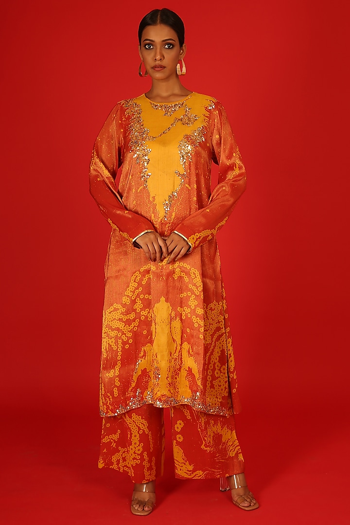Orange Silk Tissue Printed Handcrafted Kurta Set by Saksham and Neharicka