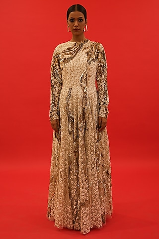 Ivory Sheer Tulle Hand Embroidered Gown by Saksham and Neharicka