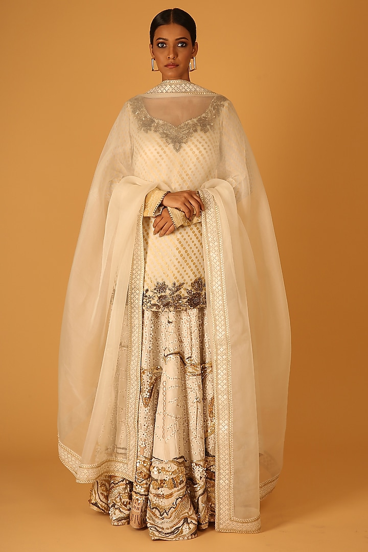 Ivory Pure Silk Georgette Brocade Hand Embroidered Sharara Set by Saksham and Neharicka