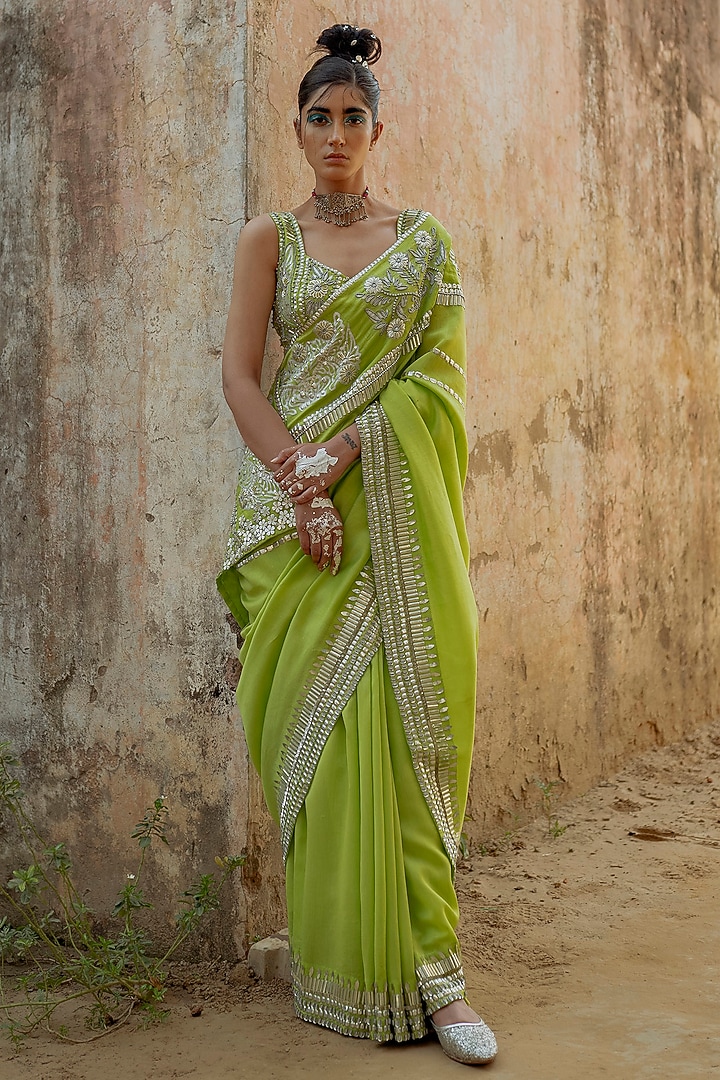 Green Hand Embroidered Wedding Saree Set by Saksham and Neharicka at Pernia's Pop Up Shop
