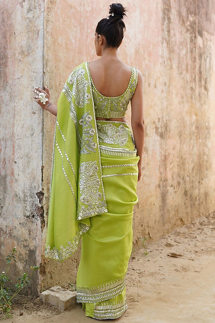 Green Hand Embroidered Wedding Saree Set by Saksham and Neharicka at Pernia's Pop Up Shop