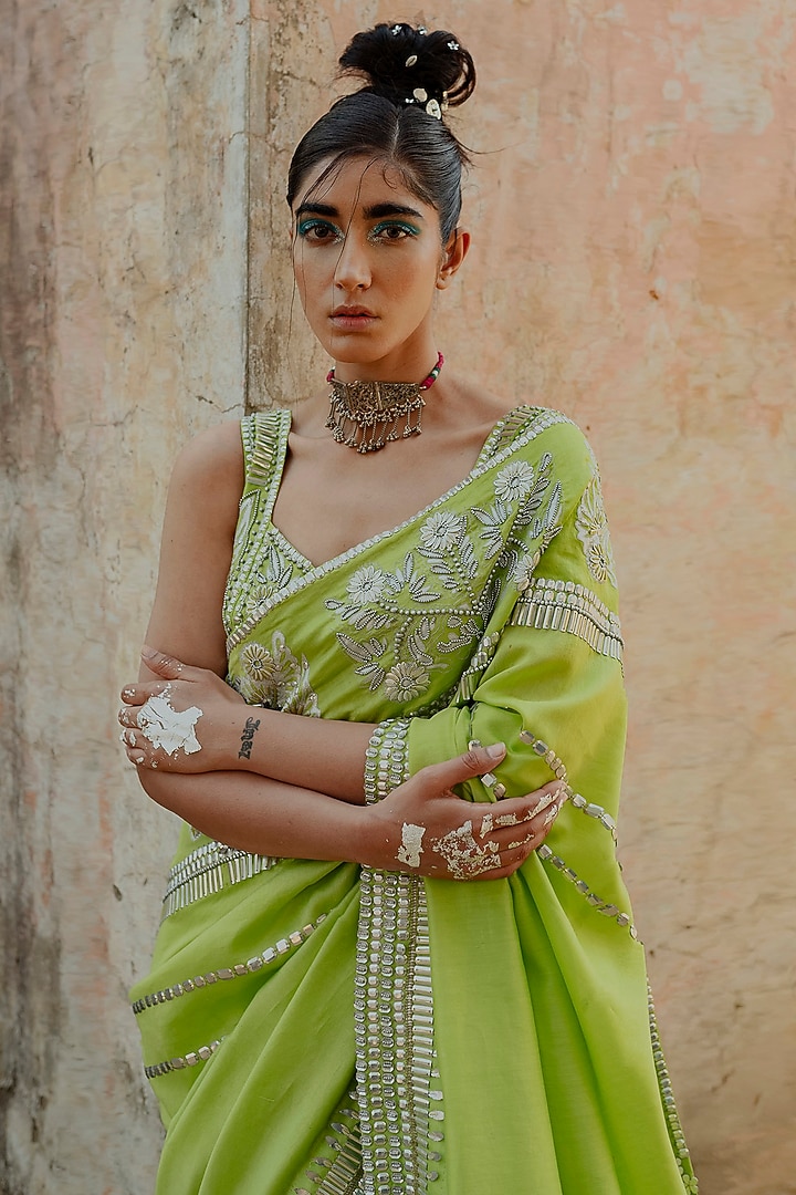 Green Hand Embroidered Wedding Saree Set by Saksham and Neharicka at Pernia's Pop Up Shop
