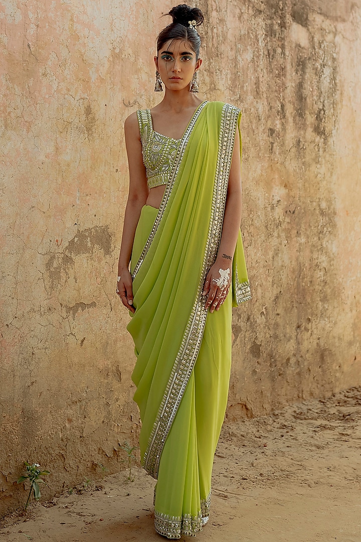 Green Embroidered Saree Set by Saksham and Neharicka