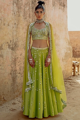 Green Hand Embroidered Lehenga Set by Saksham and Neharicka
