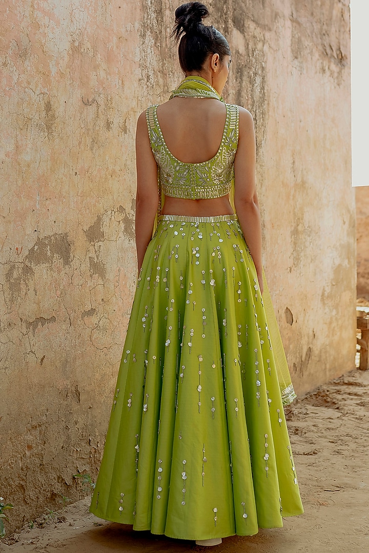 Green Hand Embroidered Wedding Lehenga Set by Saksham and Neharicka at Pernia's Pop Up Shop