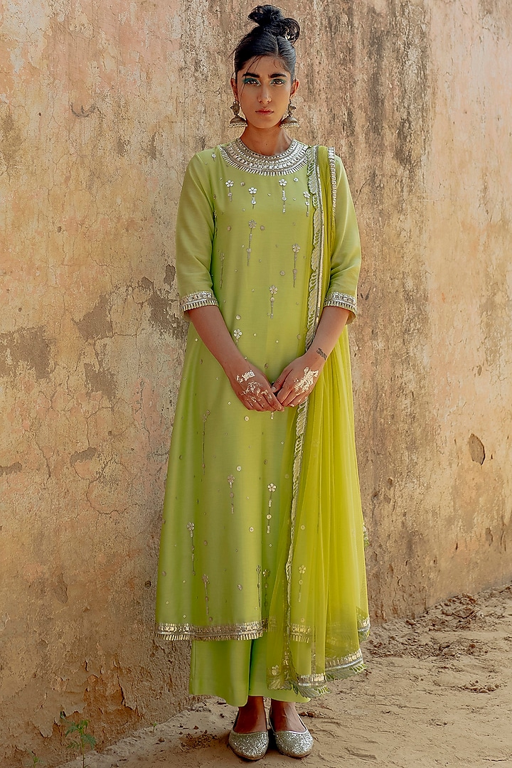 Green Hand Embroidered Kurta Set Design by Saksham and Neharicka at ...