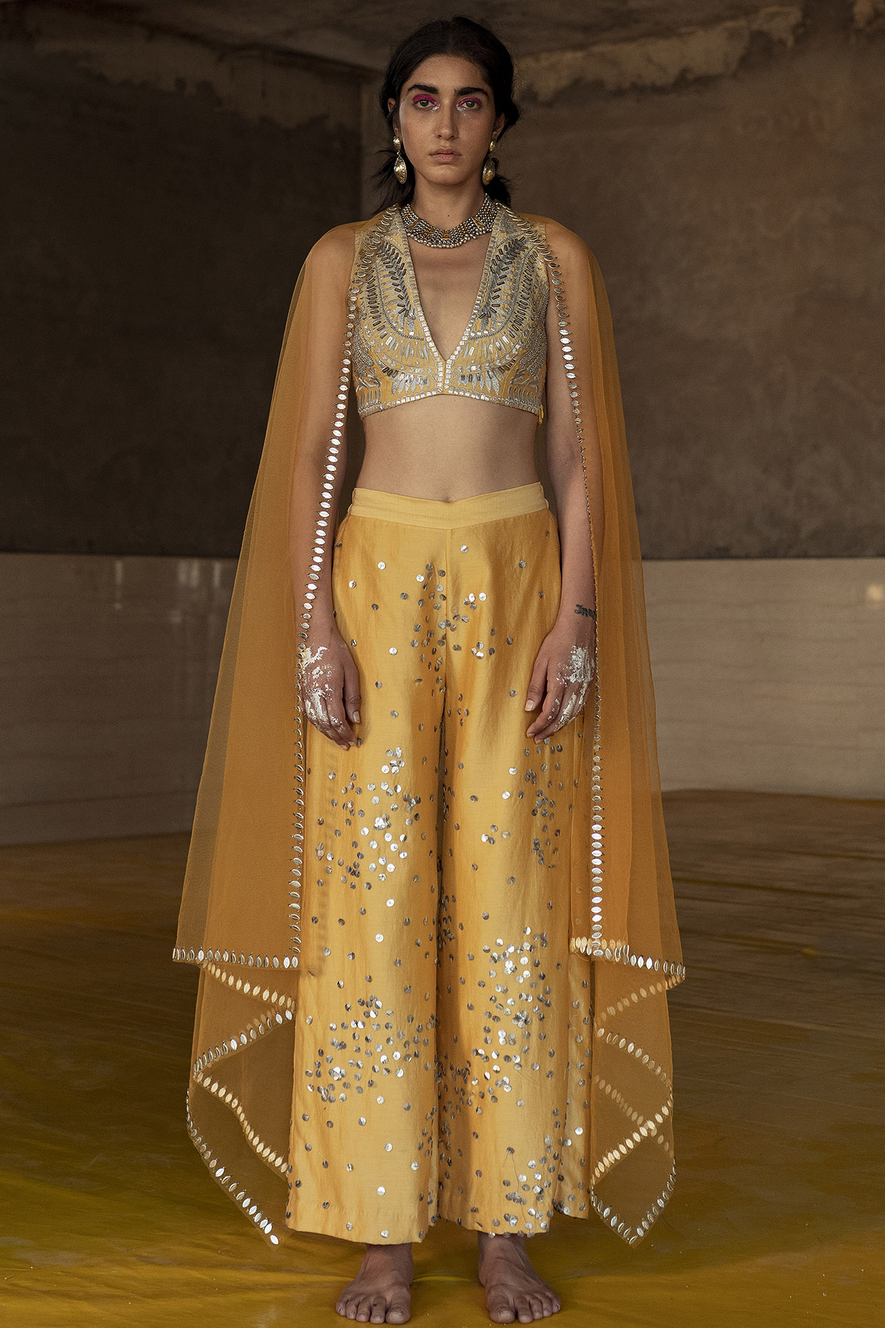 Ochre Hand Embroidered Pants by Saksham and Neharicka at Pernia's Pop Up Shop