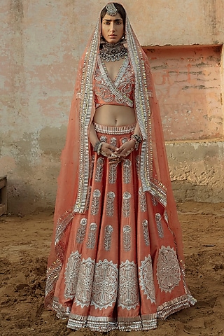 Coral Hand Embroidered Lehenga Set by Saksham and Neharicka
