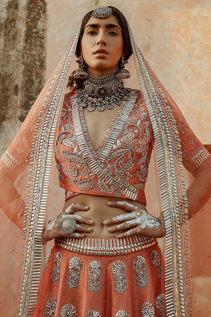 Coral Hand Embroidered Blouse by Saksham and Neharicka