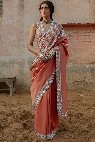 Coral Handwoven Chanderi Hand Embroidered Saree Set by Saksham and Neharicka