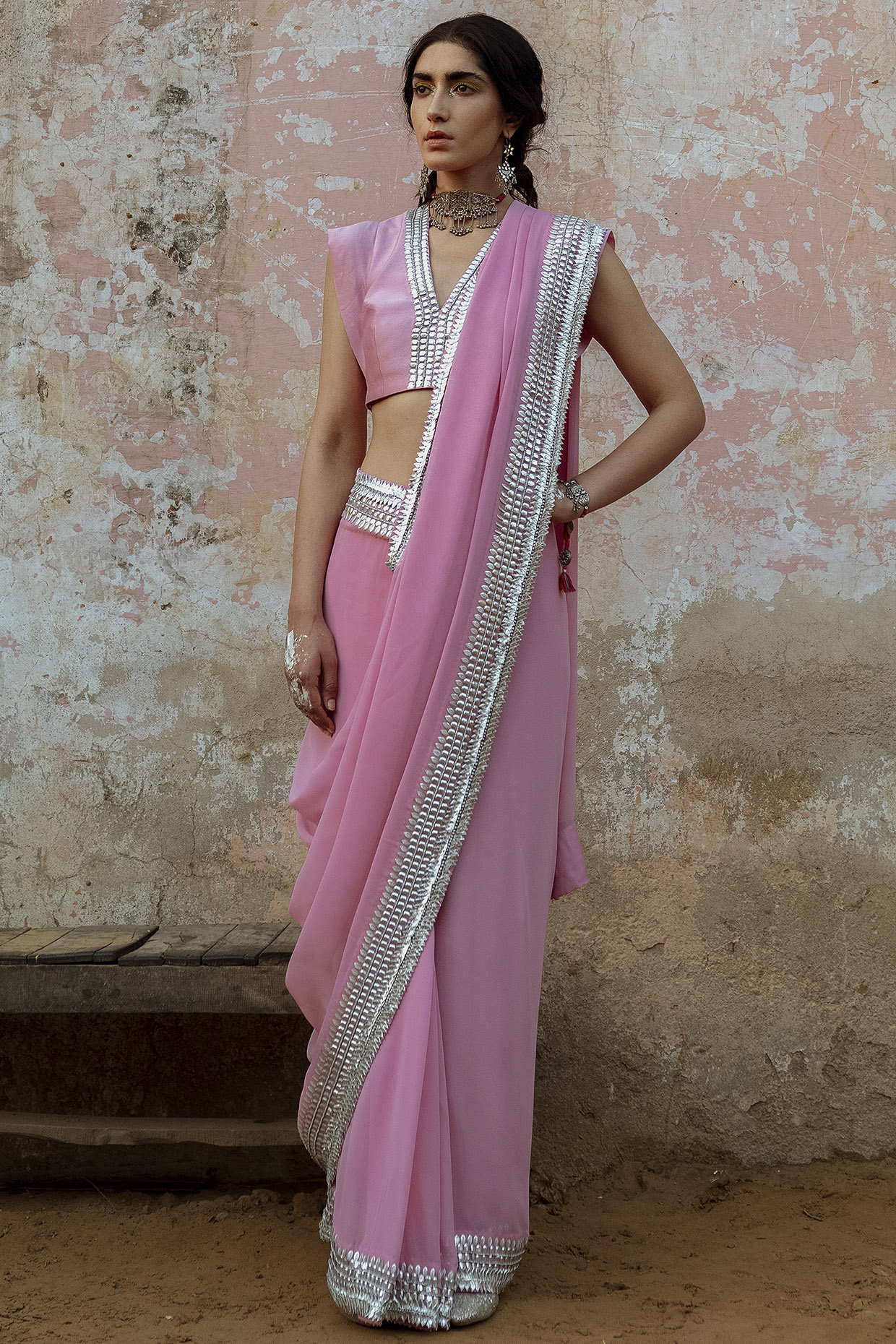 Pink Hand Embroidered Party Wear Saree Set by Saksham and Neharicka at Pernia's Pop Up Shop