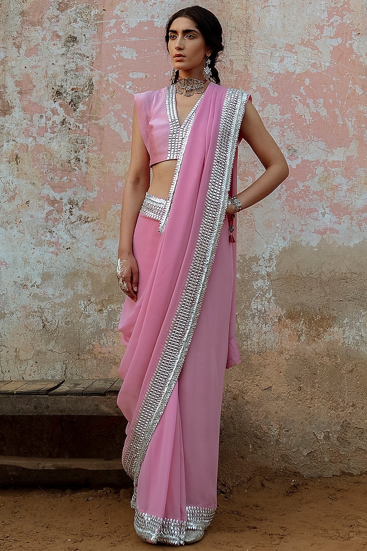 Pink Hand Embroidered Party Wear Saree Set by Saksham and Neharicka at Pernia's Pop Up Shop