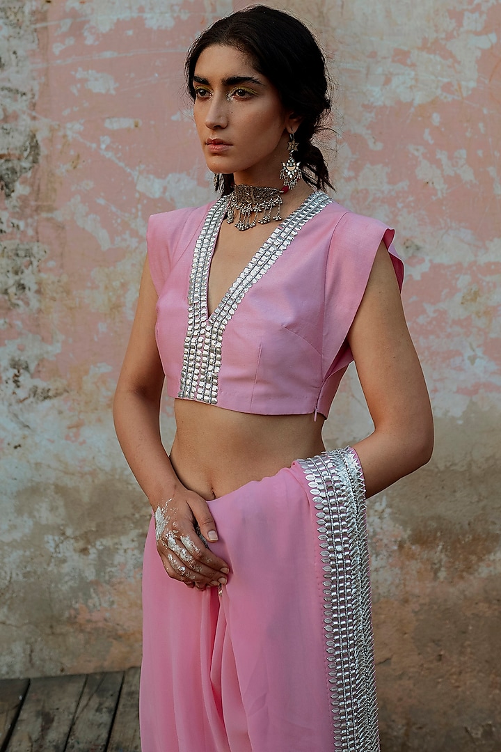Pink Hand Embroidered Blouse by Saksham and Neharicka