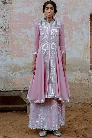 Pink Hand Embroidered Kurta Set by Saksham and Neharicka