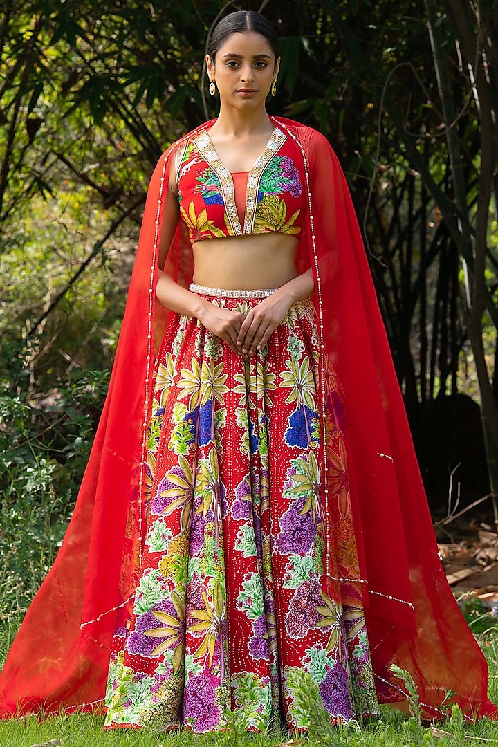 Red Hand Embroidered Lehenga Set by Saksham and Neharicka