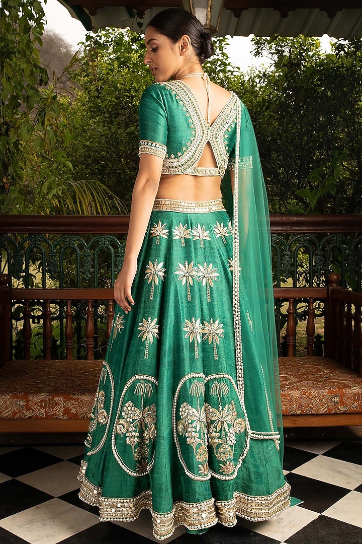 Green Hand Embroidered Bridal Lehenga Set by Saksham and Neharicka at Pernia's Pop Up Shop
