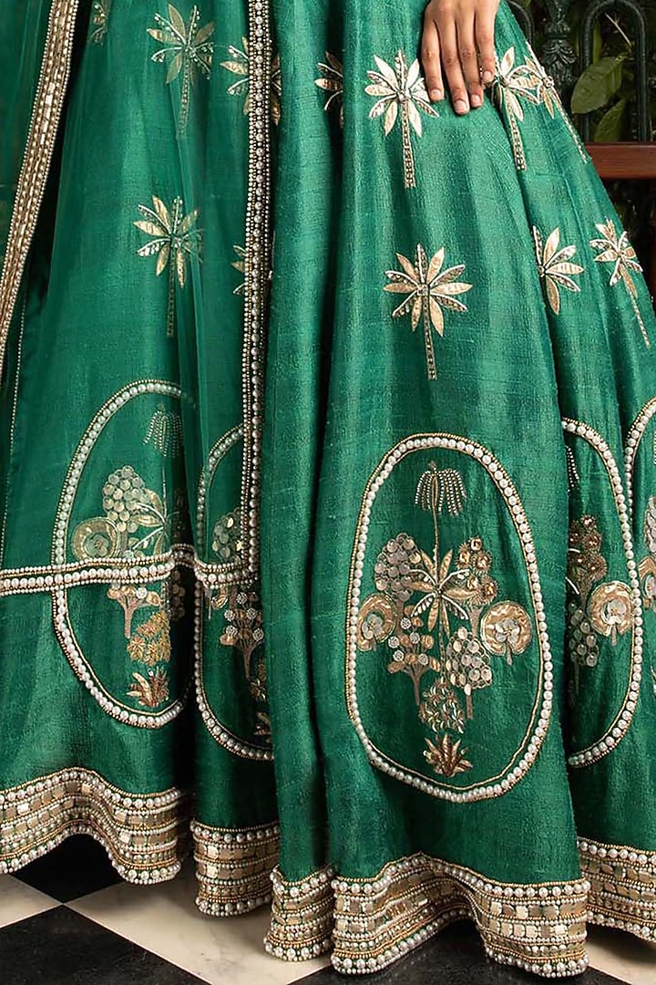 Green Hand Embroidered Bridal Lehenga Set by Saksham and Neharicka at Pernia's Pop Up Shop