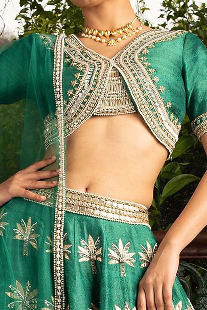 Green Hand Embroidered Bridal Lehenga Set by Saksham and Neharicka at Pernia's Pop Up Shop