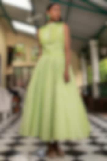 Lime Green Cotton Zari Midi Dress by Saksham and Neharicka