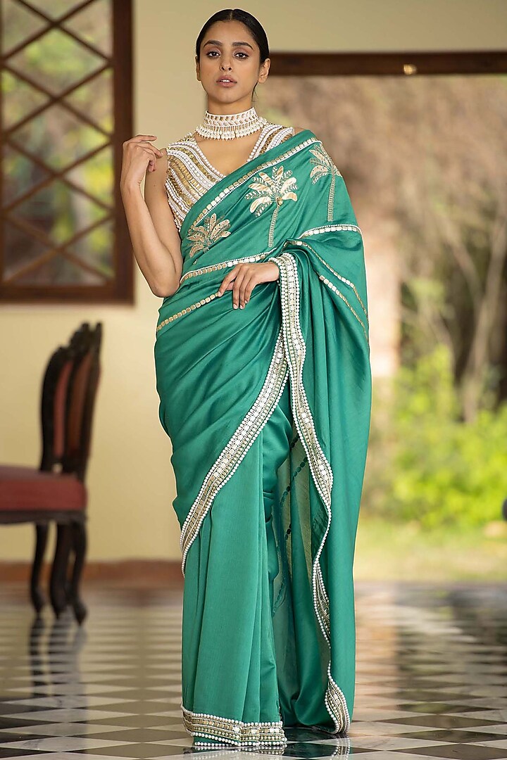 Green Hand Embroidered Saree Set Design by Saksham and Neharicka at ...