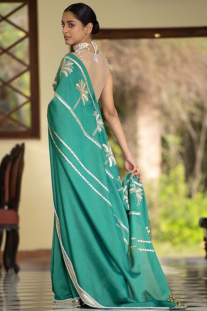 Green Hand Embroidered Wedding Saree Set by Saksham and Neharicka at Pernia's Pop Up Shop