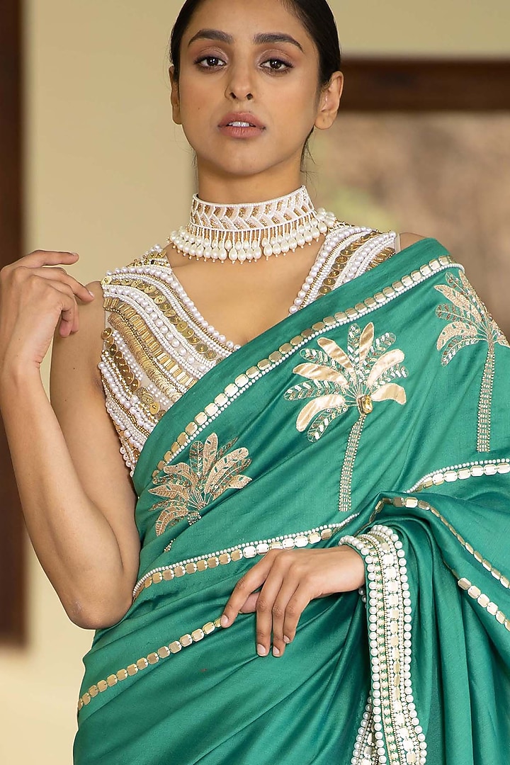Green Hand Embroidered Wedding Saree Set by Saksham and Neharicka at Pernia's Pop Up Shop