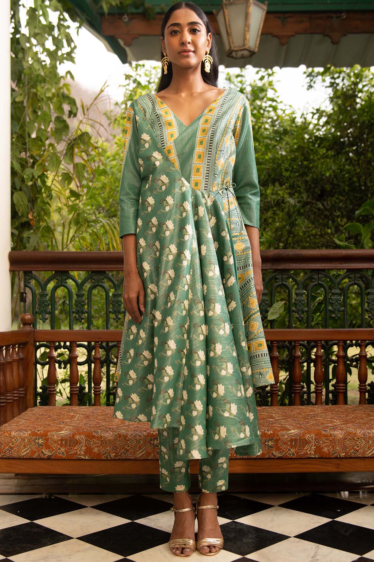 Green Cotton Lurex Embroidered Kurta Set by Saksham and Neharicka at Pernia's Pop Up Shop