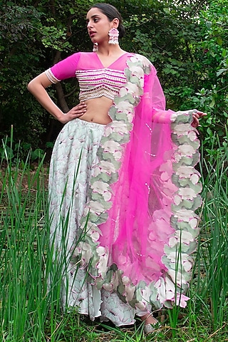 Mint Green Digital Printed Lehenga Set by Saksham and Neharicka