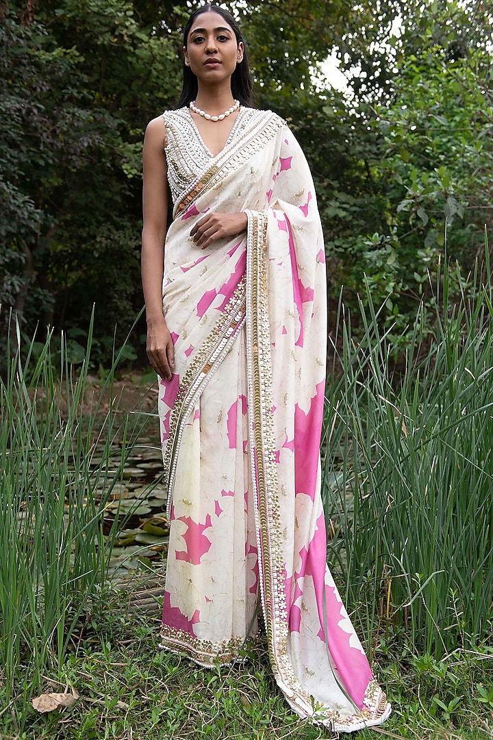 Ivory & Pink Digital Printed Saree Set by Saksham and Neharicka