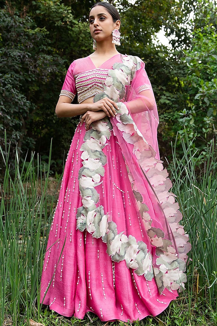 Pink Hand Embroidered Lehenga Set by Saksham and Neharicka