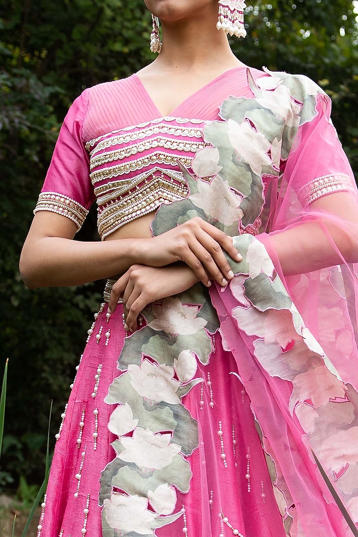 Pink Hand Embroidered Wedding Lehenga Set by Saksham and Neharicka at Pernia's Pop Up Shop