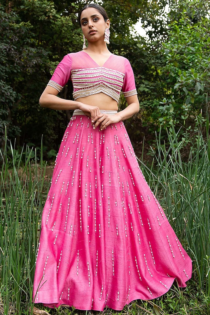 Pink Hand Embroidered Wedding Lehenga Set by Saksham and Neharicka at Pernia's Pop Up Shop
