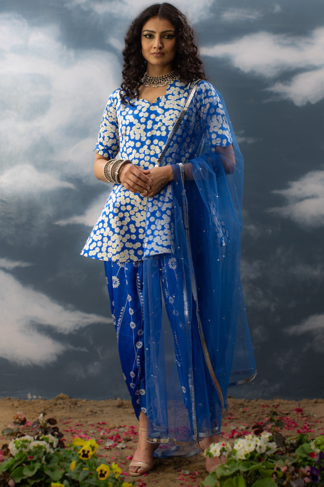Blue Satin Printed Dhoti Set by Saksham and Neharicka at Pernia's Pop Up Shop