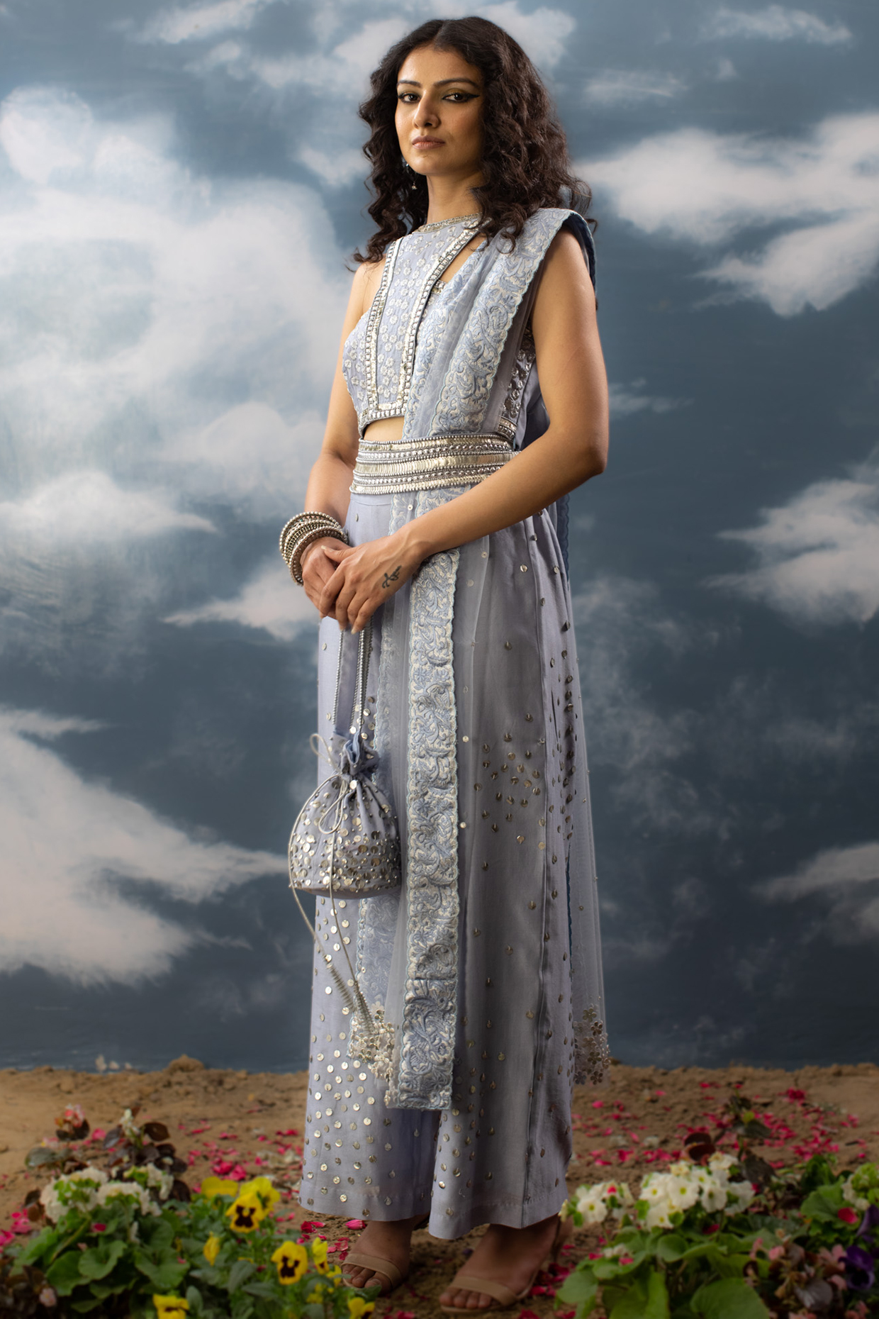 Blue Chanderi Hand Embroidered Pant Set by Saksham and Neharicka at Pernia's Pop Up Shop
