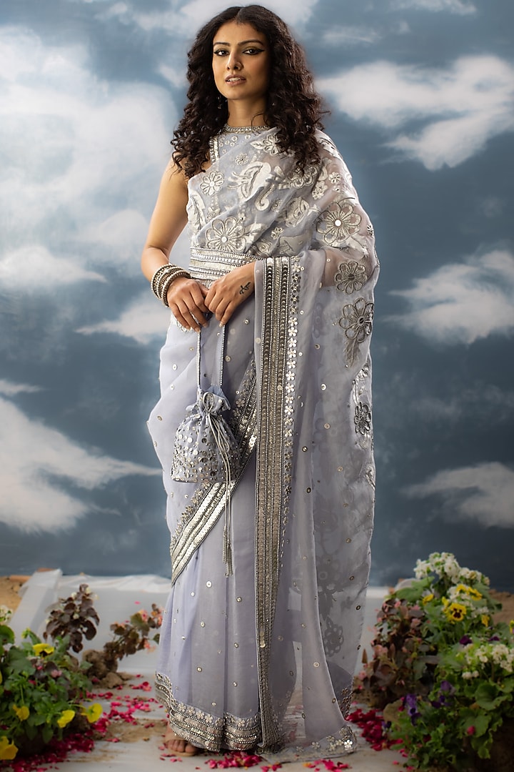 Ice Blue Silk Organza Zardosi Hand Embroidered Saree Set by Saksham and Neharicka at Pernia's Pop Up Shop